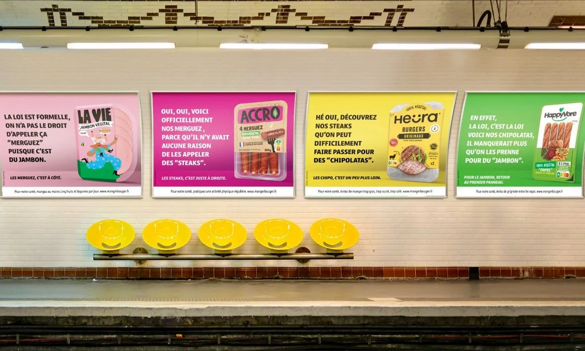 Séries de quatre visuels publicitaire d'affichage dans le métro parisien pour conclure la belle stratégie de communication des marques de produits de viandes végétales